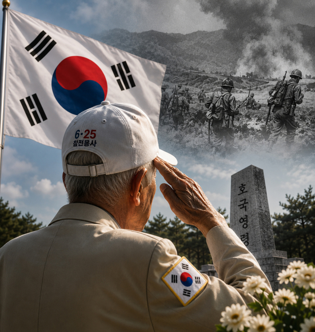 김춘원(사진 왼쪽 95)·이동철(93) 한국전쟁 참전용사가 지난달 27일 대한민국 무공수훈자회 대구시지부에서 국기에 대한 경례를 하고 있다. 권성훈 기자