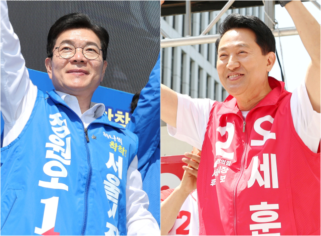 23일 더불어민주당 정원오 서울시장 후보가 서울 서대문구 홍제동 일대에서(사진 왼쪽), 국민의힘 오세훈 서울시장 후보가 강서구 발산역 인근 광장에서(사진 오른쪽) 유세하고 있다. 연합뉴스