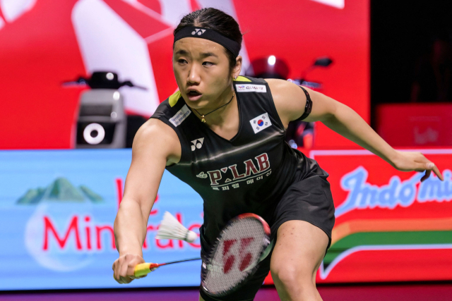 한국의 안세영이 7일 인도네시아 자카르타에서 열린 2026 BWF 월드투어 슈퍼1000 인도네시아오픈 결승에 출전해 일본의 야마구치 아카네를 상대하고 있다. AFP 연합뉴스