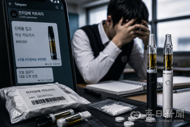 합성대마가 든 전자담배 카트리지는 일반 전자담배와 외관상 구분이 어렵다. SNS와 텔레그램을 통한 유통이 늘면서 청소년들이 마약인지 모른 채 중독의 문턱에 서고 있다. AI로 생성한 이미지