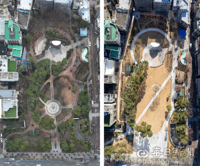 재단장 전(왼쪽)과 후 2.28기념중앙공원 모습. 나무가 줄어든 대신 잔디광장 면적이 넓어졌다. 매일신문DB