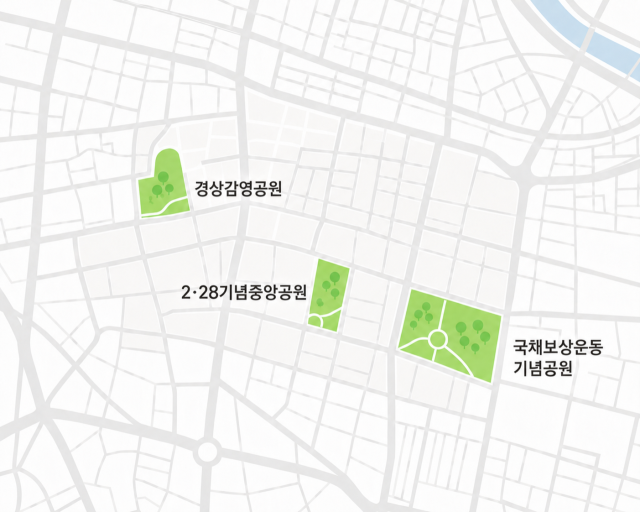 대구 도심(동성로 일대) 공원 3곳(왼쪽부터 경상감영공원, 2.28기념중앙공원, 국채보상운동기념공원) 위차. 매일신문DB