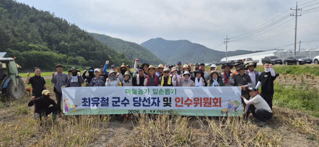 최유철 의성군수 당선인과 인수위원회는 의성읍 도동리에서 마늘 수확 일손을 돕고, 농민들과 현장 간담회를 열었다. 의성군수 인수위원회 제공