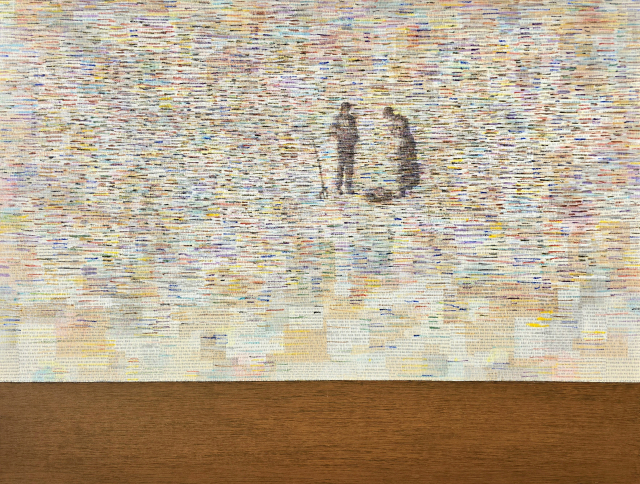 이윤동, Journey-밀레의 L_Angelus로부터, 116.8&times;91cm, collage, mesh cloth, acrylic on canvas.