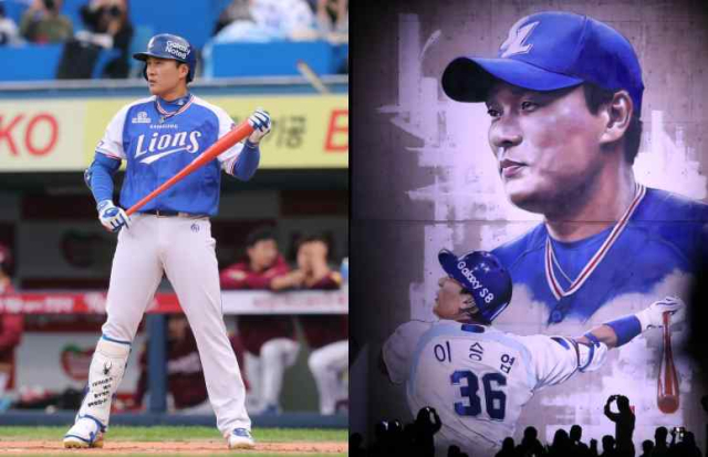 삼성 라이온즈의 이승엽이 2017년 10월 4일 안방 대구삼성라이온즈파크에서 은퇴 경기를 치르고 있다. 당시 삼성 외야 관중석 한쪽 벽에 설치, 공개된 이승엽 벽화. 삼성 제공