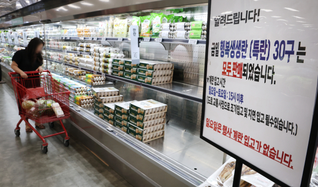 계란 가격 오름세가 지속되고 있다. 17일 서울의 한 대형 마트에 저렴하게 판매하는 계란의 품절 안내판이 게시되어 있다. 한국농수산식품유통공사에 따르면 계란 소매 가격은 지난 15일 기준 7천441원으로, 1년 전(7천33원)보다 5.8% 올랐다. 유통업계에 따르면 이마트는 오는 20일부터 제주를 제외한 전국 모든 점포에서 미국산 계란 약 3만 판을 판매할 예정이다. 가격은 30구 기준 5천900원대로 한 명당 한 판만 구매할 수 있다. 롯데마트, GS더프레시, 홈플러스 등은 이미 수입산 계란을 판매 중이나 1인 한정 판매 등 재고가 빠르게 동나 모든 소비자가 혜택을 누리긴 어려운 형편이다. 연합뉴스
