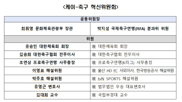 축구 혁신위원회 명단. 문체부 제공, 연합뉴스.