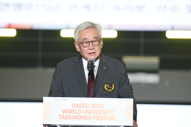 조정원 세계태권도연맹 총재가 지난 4일 대구2026 세계대학태권도페스티벌 개막식에서 격려사를 하고 있다. 대구2026 세계대학태권도페스티벌 제공
