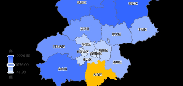 북경시 각 구의 지도, 대흥구가 남쪽에 보인다
