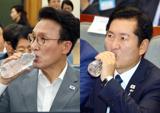 더불어민주당 당권 주자인 김민석 전 총리(왼쪽)와 정청래 전 대표. 김민석 전 국무총리가 7일 국회 의원회관에서 주최한 