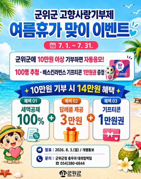 대구 군위군, 여름 휴가 맞이 '고향사랑기부' 이벤트