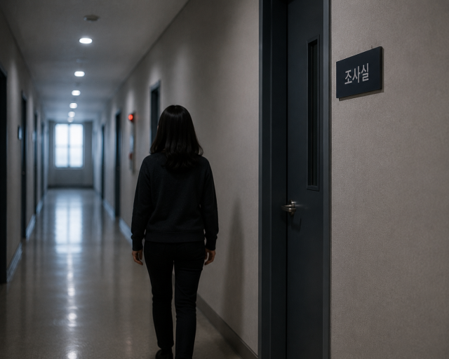 한 여성이 경찰 조사실로 들어가고 있다. 전문가들은 공권력에 대한 신뢰를 회복하기 위해서는 수사뿐 아니라 신고 이후 피해자의 일상 회복까지 이어지는 보호 체계가 마련돼야 한다고 지적한다. AI가 생성한 이미지