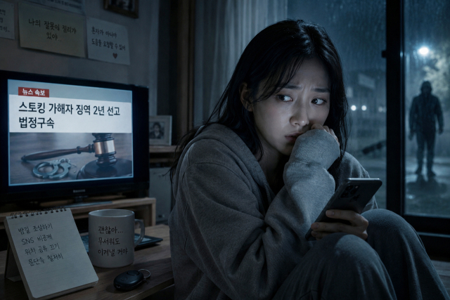 스토킹 피해자가 법적인 절차를 밟은 후에도 보복에 대한 두려움으로 불안해하는 모습을 AI로 생성한 이미지.