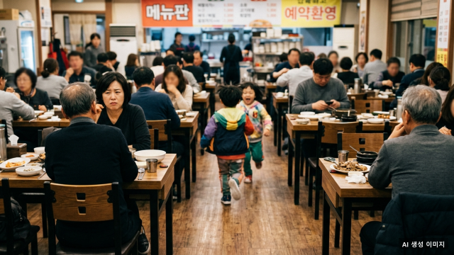 식당 내부에서 아이들이 뛰어다니고 있고, 한쪽 테이블에 앉은 부모들은 음식을 먹고 있는 모습. 공공장소에서의 아동 관리 문제를 둘러싼 논쟁이 온라인 커뮤니티를 뜨겁게 달우고 있다.