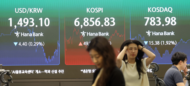 코스피가 오르락내리락 극심한 변동성 끝에 소폭 상승 마감한 14일 서울 중구 하나은행 딜링룸에서 직원이 업무를 보고 있다. 이날 코스피는 49.90포인트 오른 6,856.83으로 거래를 마쳤다. 연합뉴스
