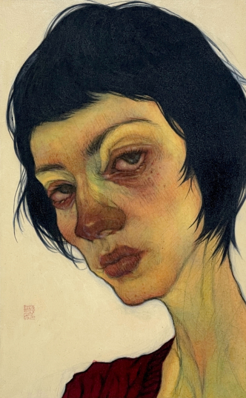 임일민, Woman in a Red Knit Sweater, 52.8 &times; 33.2 cm, Mixed media on cotton, 2026