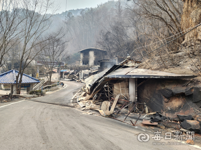 지난해 3월 당시 산불로 폐허가 된 청송군 청송읍 달기약수터 입구 마을의 모습. 전종훈 기자