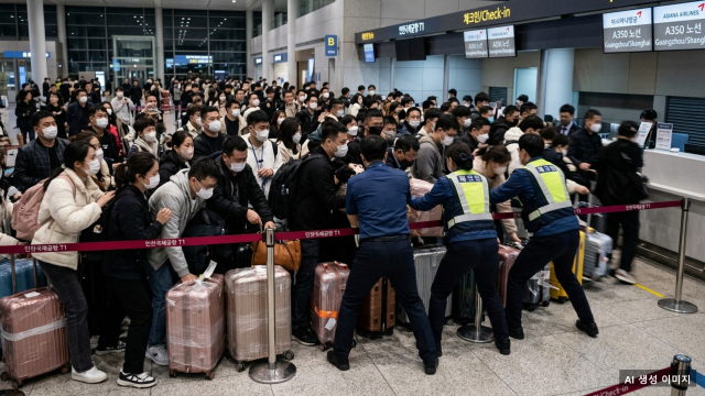 인천국제공항 제1여객터미널 탑승 수속 구역에서 승객들이 카운터 개방 직후 통제선을 무시하고 한꺼번에 몰려들고 있다.
