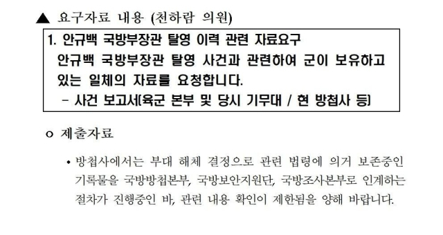 국군방첩사령부가 부대 해체와 인력 부족의 이유로 안규백 국방부 장관 근무지 이탈과 관련한 자료 제공을 거부했다. 천하람 의원실 제공