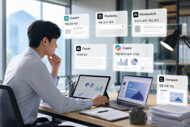 생성형 AI를 활용해 메일 작성부터 자료조사, 데이터 분석, 발표자료 제작까지 다양한 업무를 수행하는 직장인의 모습. AI가 생성한 이미지