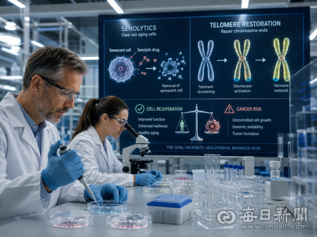 연구진이 실험실에서 노화세포 제거(세놀리틱스)와 텔로미어 복원 기술을 연구하며 건강수명 연장과 암 위험 통제 사이의 해법을 모색하고 있다. AI로 생성한 이미지