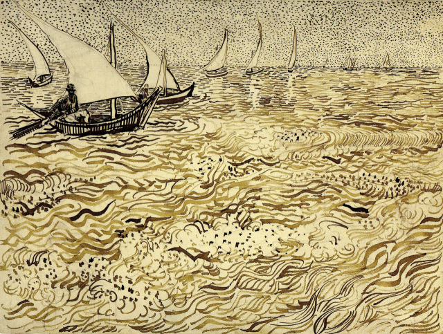 빈센트 반 고흐, 생트 마리 해변의 어선들, 1888년, 종이에 갈대 펜과 잉크, 24x32cm
