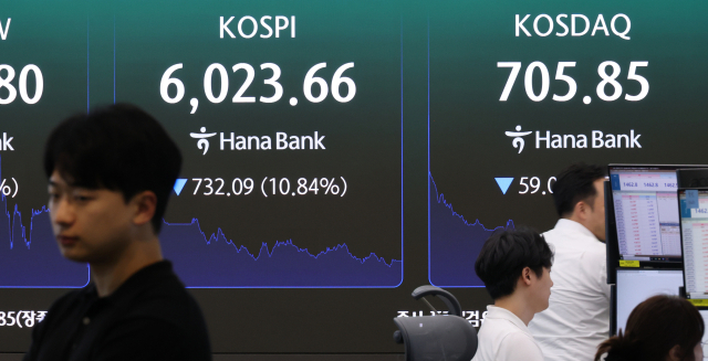 28일 서울 하나은행 본점 딜링룸 전광판에 코스피 등이 표시되고 있다. 이날 코스피는 전날보다 732.09포인트(10.84%) 내린 6,023.66으로 장을 마감했고 코스닥 지수는 59.01포인트(7.72%) 내린 705.85로 장을 종료했다. 연합뉴스