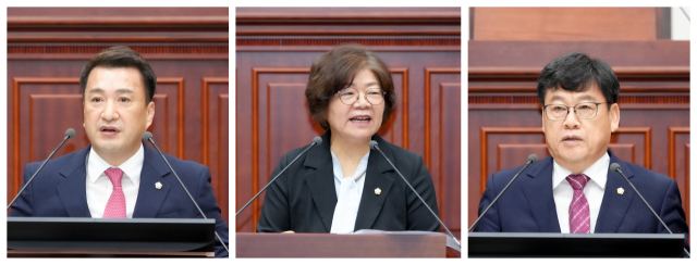30일 경주시의회 제299회 임시회 2차본회의에서 5분 자유발언을 하고 있는 최재필,이강희,최진열 시의원(사진 왼쪽부터)