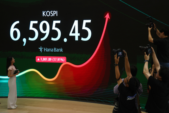 코스피가 전날보다 1,001.89포인트(17.91%) 오른 6,595.45로 장을 마감하며 역대 최대 상승률과 상승폭을 기록한 31일 서울 하나은행 본점 딜링룸의 모습. 연합뉴스