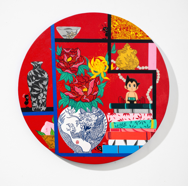 김민수, 책거리이야기1-아톰, Acrylic on Canvas, ∮60cm, 2025
