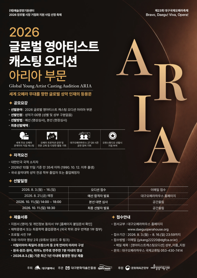 세계 오페라 무대 진출의 꿈…대구오페라하우스, 신진 성악가 찾는다