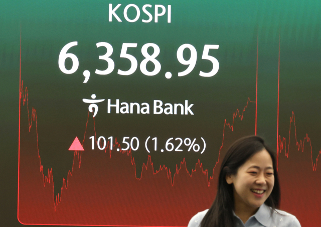 4일 서울 중구 하나은행 본점 딜링룸 전광판에 코스피가 표시돼있다. 이날 코스피는 전장보다 101.50포인트(1.62%) 오른 6,358.95에 거래를 마쳤다. 코스닥지수는 전장보다 43.37포인트(5.88%) 상승한 780.72에 장을 마치며 3거래일 연속 상승세를 나타냈다. 연합뉴스