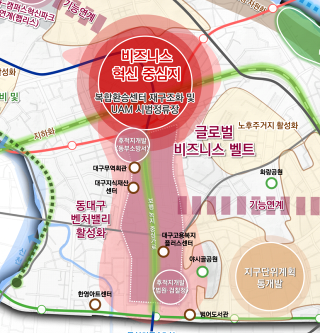 2040 대구 도시기본계획에 제시된 동대구권 발전전략도 일부. 옛 동부소방서와 법원·검찰청 후적지를 동대구벤처밸리 및 비즈니스 혁신 중심지와 연계하는 구상이 담겼다. 대구시 제공