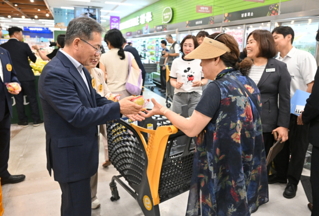 대구 군위군(군수 김진열)은 14일 이마트 만촌점에서 군위 골든볼 산지직송전을 열고 소비자들에게 여름 사과 골든볼을 선보였다. 군위군 제공.