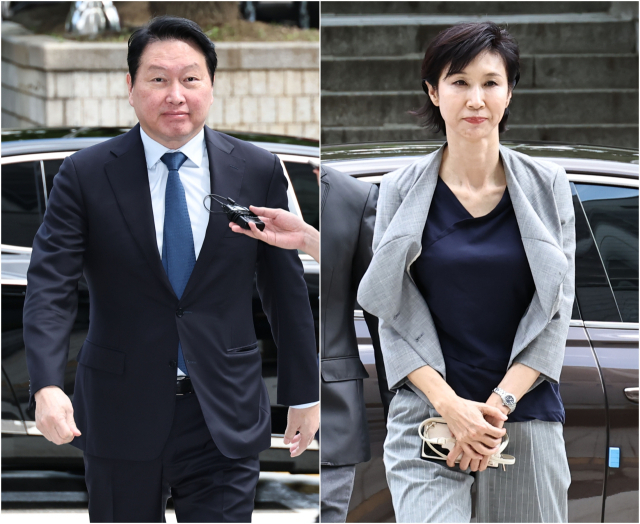 24일 서초구 서울고등법원에서 열린 최태원 SK그룹 회장과 노소영 아트센터 나비 관장의 재산분할 소송 파기환송심에서 재판부는 최 회장이 노 관장에게 재산분할금으로 9천440억원을 지급해야 한다고 판결했다. 사진은 지난달 26일 변론기일에 출석하는 최 회장과 노 관장. 연합뉴스