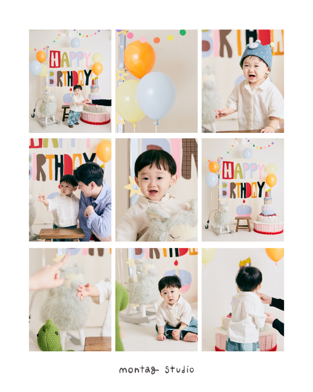 대구·경산 몬탁스튜디오의 생일 촬영 모습. 풍선과 가랜드, 케이크 등으로 꾸민 공간에서 정해진 포즈보다 아이가 자유롭게 움직이고 노는 자연스러운 순간을 사진에 담았다. 몬탁스튜디오 제공