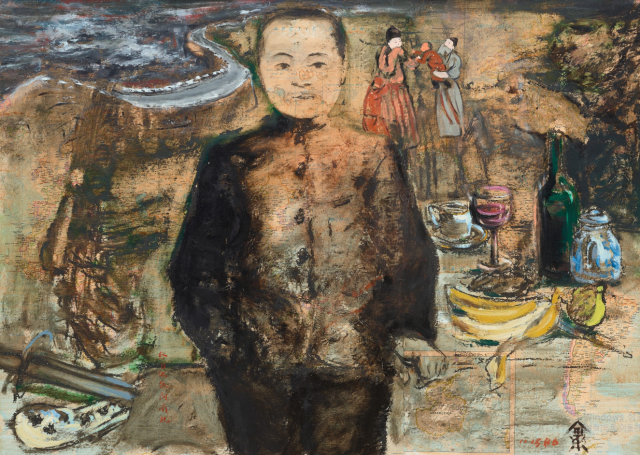김차섭, 자화상, 1986, 지도에 유화물감, 86x120cm