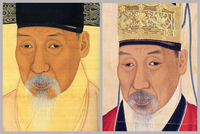 정조의 개혁 파트너이자 화성 축조를 이끈 영의정 번암(樊巖) 채제공(蔡濟恭, 1720~1793)의 초상(왼쪽: 시복본 부분, 1792년, 이명기 작. 오른쪽: 금관조복본 부분, 1784년, 작자미상).