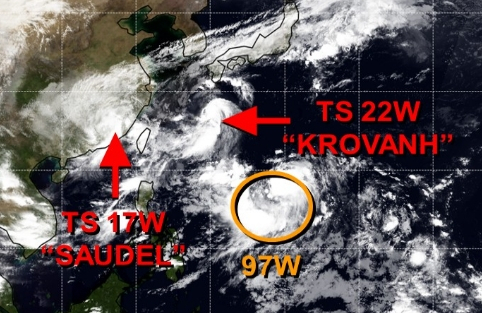 미국 합동태풍경보센터(JTWC, Joint Typhoon Warning Center) 감시 22호 태풍 크로반, 97W 열대요란(향후 23호 태풍 두쥐안 발달 가능성) 위치. JTWC 홈페이지