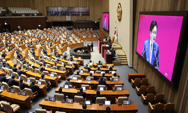 국민의힘 정점식 원내대표가 8일 국회에서 열린 제439회 국회 정기회 4차 본회의에서 교섭단체 대표 연설을 하고 있다. 연합뉴스