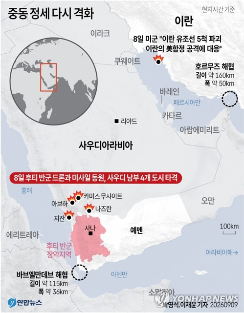 [그래픽] 중동 정세 다시 격화 (서울=연합뉴스) 박영석 기자 = 호르무즈 해협의 긴장에 더해 사우디아라비아 서쪽 홍해 연안의 에너지 시설까지 공격받으면서 중동 지역 정세가 다시 격화되고 있다. zeroground@yna.co.kr X(트위터) @yonhap_graphics 인스타그램 @yonhapgraphics (끝)