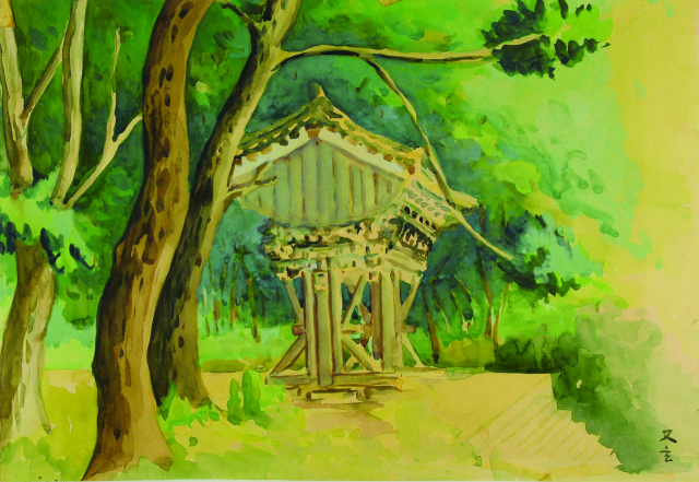 박명조, 해인사 입구, watercolor on paper, 34.5x50cm, 1956