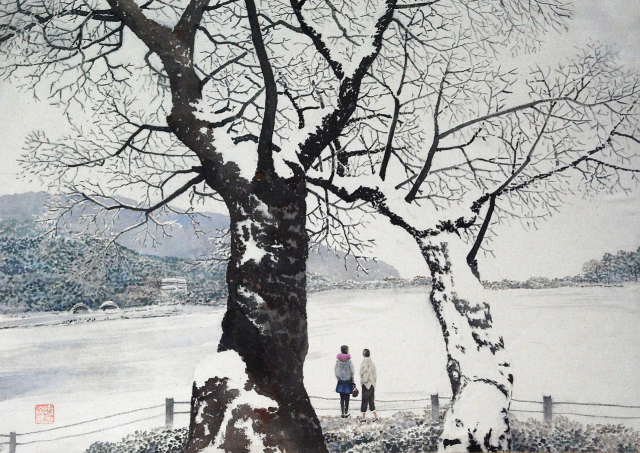 조홍근, 수성못, 광목에 수묵담채, 58x80cm