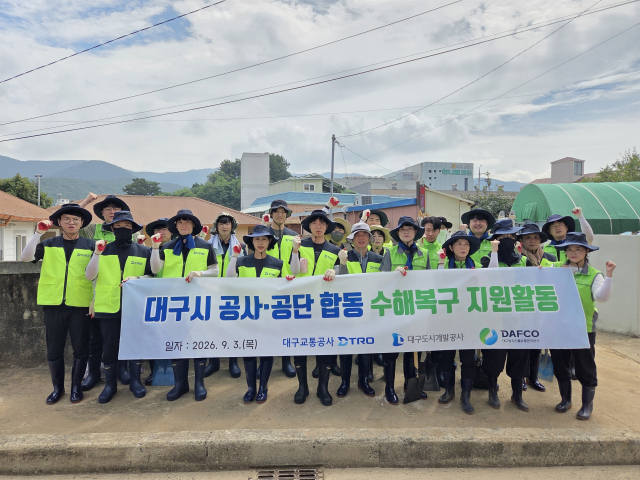 대구농수산물유통관리공사 등 대구시 산하 공공기관 임직원들이 지난 3일 경남 거제시 수해 복구 현장에서 토사 제거 등 봉사활동을 진행했다. 공사 제공
