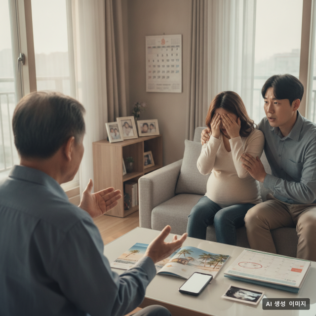 해외여행 일정을 이유로 며느리에게 유도분만 날짜를 바꿔 달라고 요구한 시아버지 사연이 온라인에서 논란이 됐다. (AI 생성 이미지)