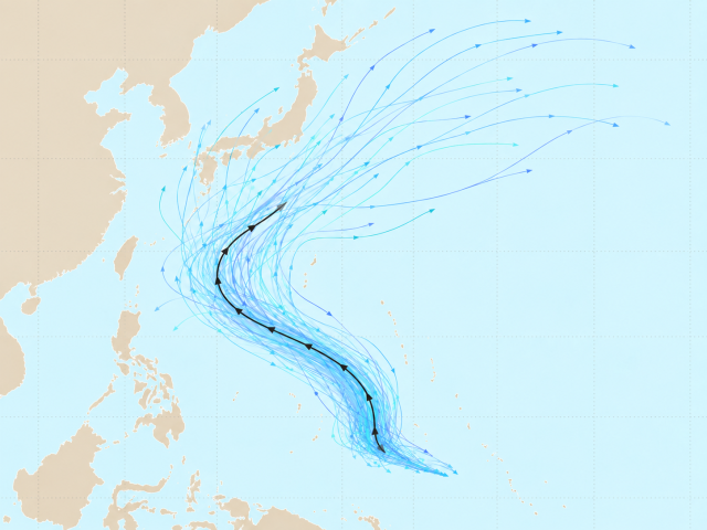 13일 기준 다중앙상블(GEFS) 90W 열대요란(향후 26호 태풍 수리개 발달 가능성) 예상경로. 매일신문DB