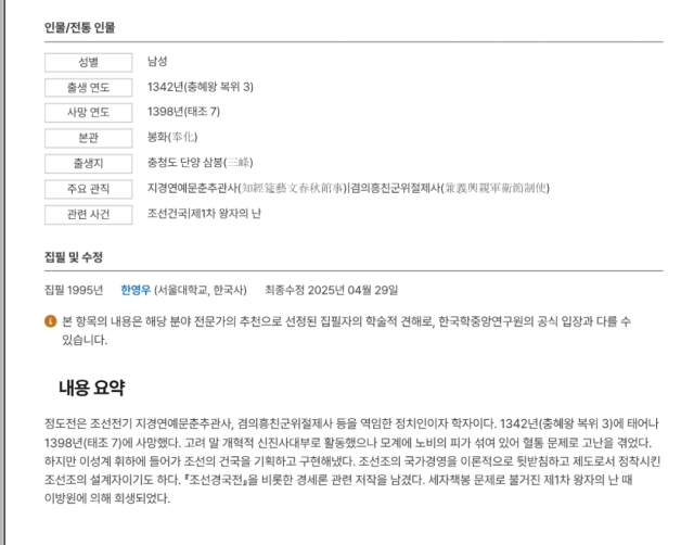 한국민족문화대백과사전(수정 전). 삼봉정도전역사문화진흥원 제공