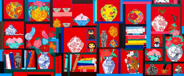 김민수, 책거리 이야기1-행복, 2025, acrylic on canvas, 93&times;220cm