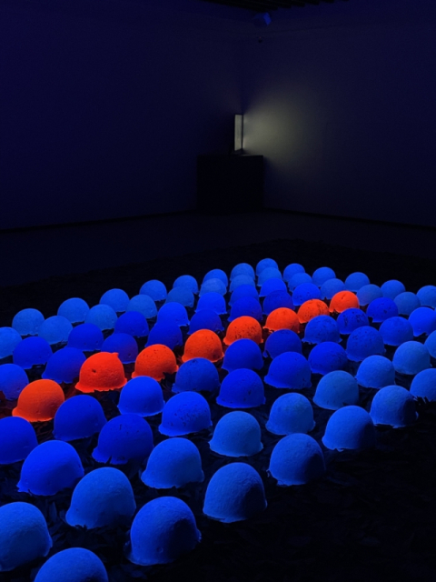 허남문, DMZ, 2024, 철모(닥펄프 캐스팅), 아크릴릭(형광), 굴참나무 낙엽, 흙, 영상, 사운드