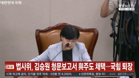 [속보] 국회 법사위, '김승원 청문보고서' 민주당 주도 채택…국민의힘 퇴장
